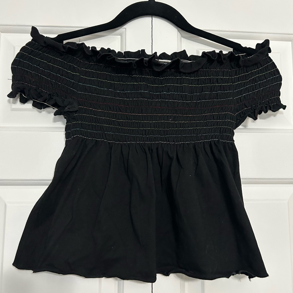 Vintage Y2K Black Off-Shoulder Ruffle Baby Doll Crop Top with Colour Stitching